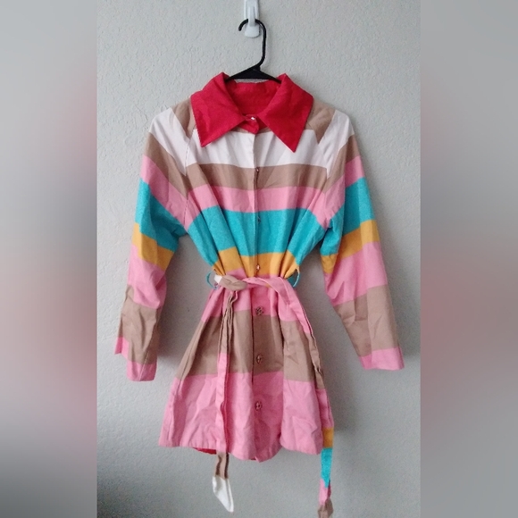 Vintage short trench coat multi stripe rainbow Giancarlo Ferrari collar lined lg - Picture 8 of 9
